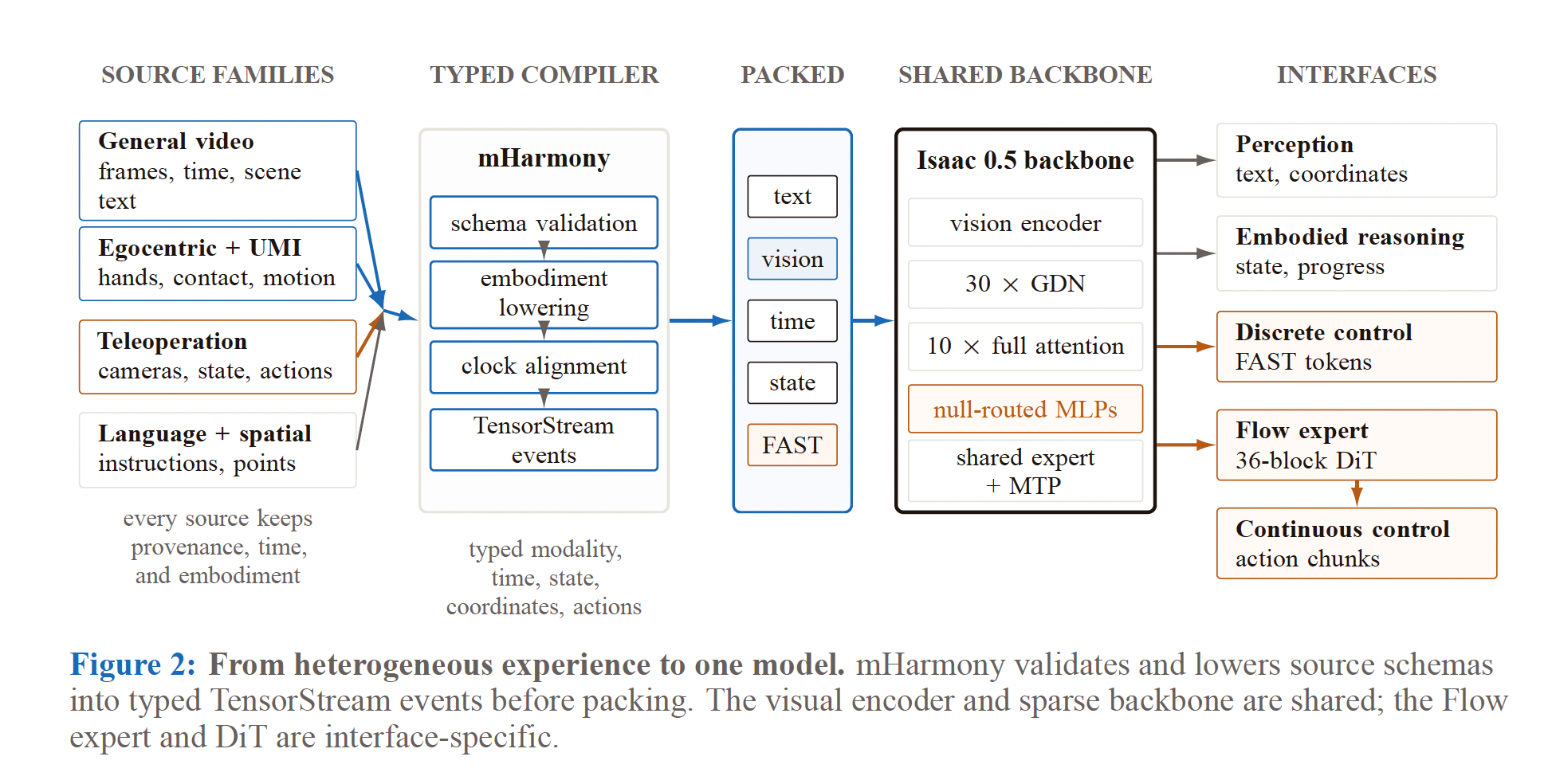 Isaac 0.5 architecture from source families through mHarmony, sequence packing, shared backbone, and perception and control interfaces.