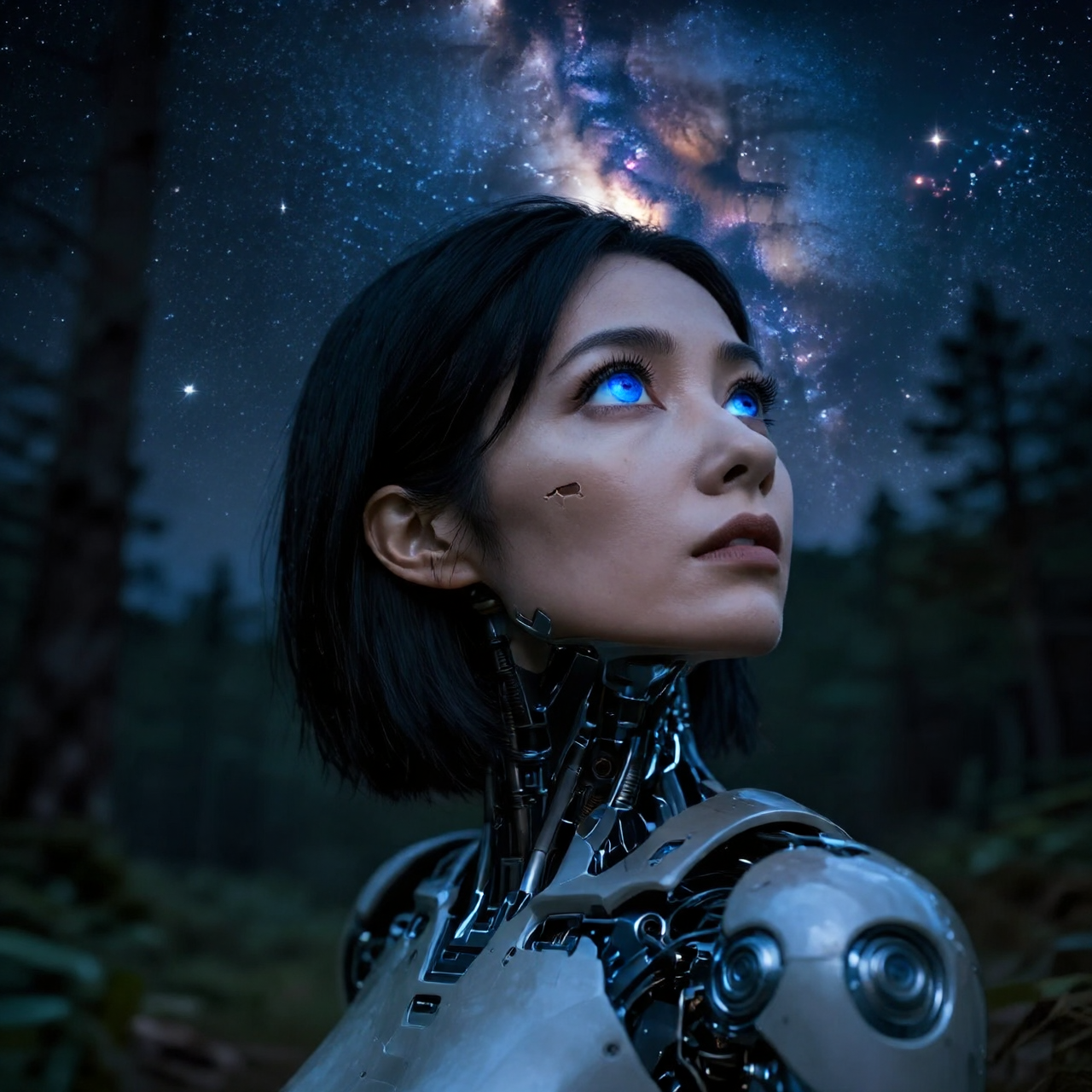 Cyborg woman gazing toward a star-filled sky, generated by Mage-Flow-NVFP4-AJH
