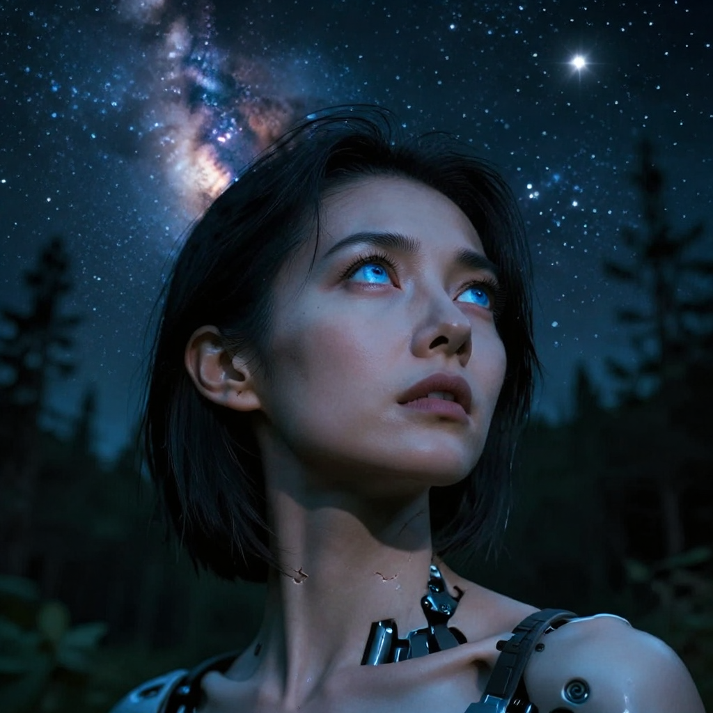 Cyborg woman gazing toward a star-filled sky