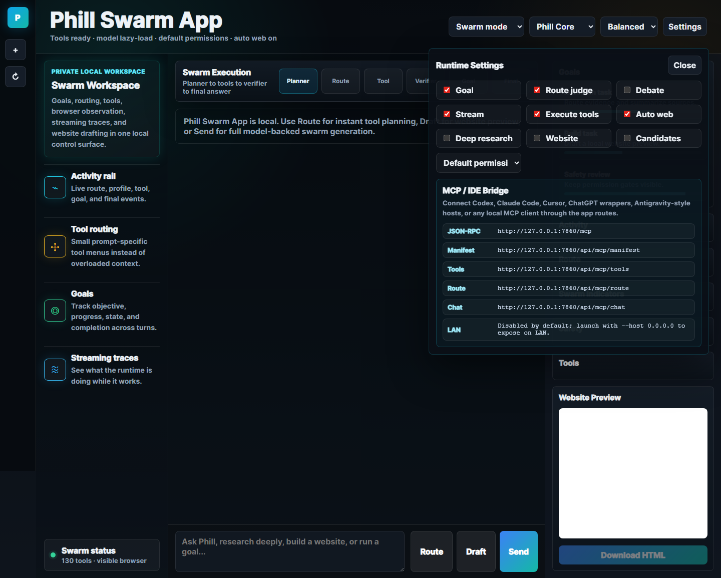 Phill Swarm App settings drawer and workspace