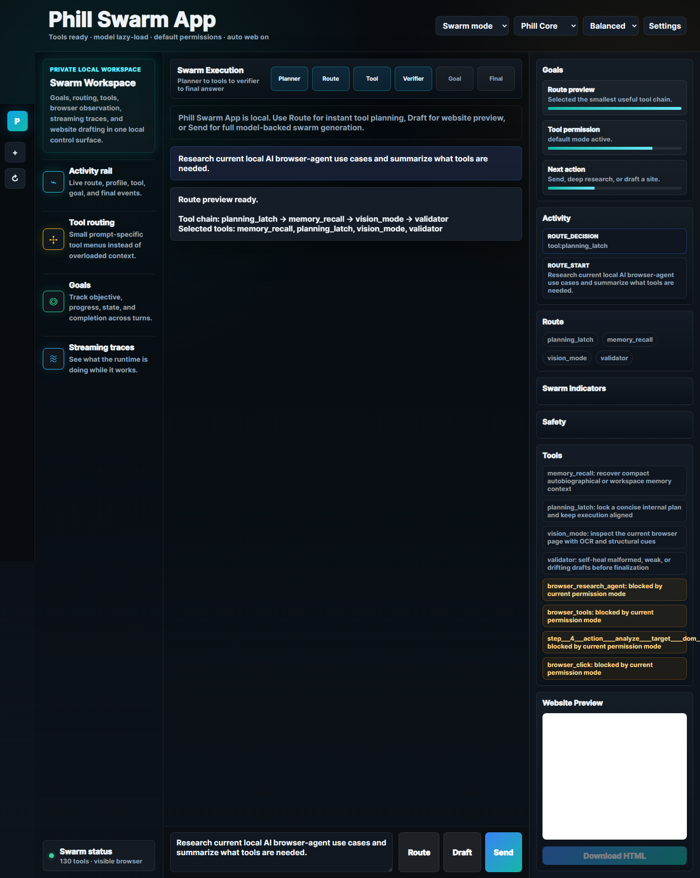 Phill Swarm App routed tool preview
