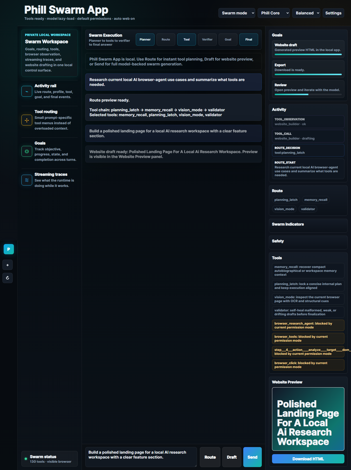 Phill Swarm App website builder preview