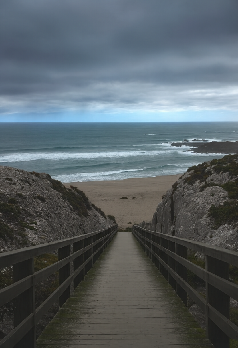 Boardwalk descending toward a rugged coast