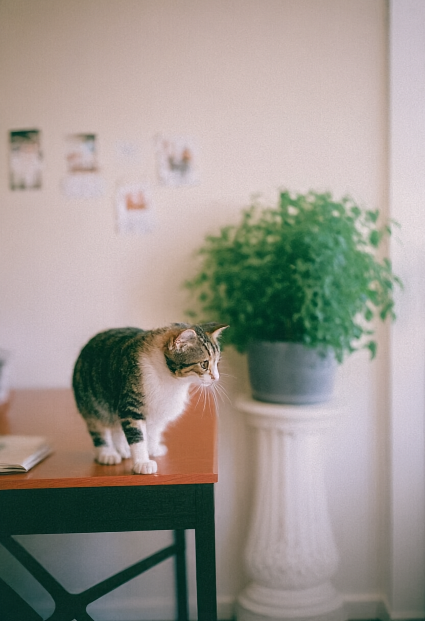 Tabby cat standing on a table