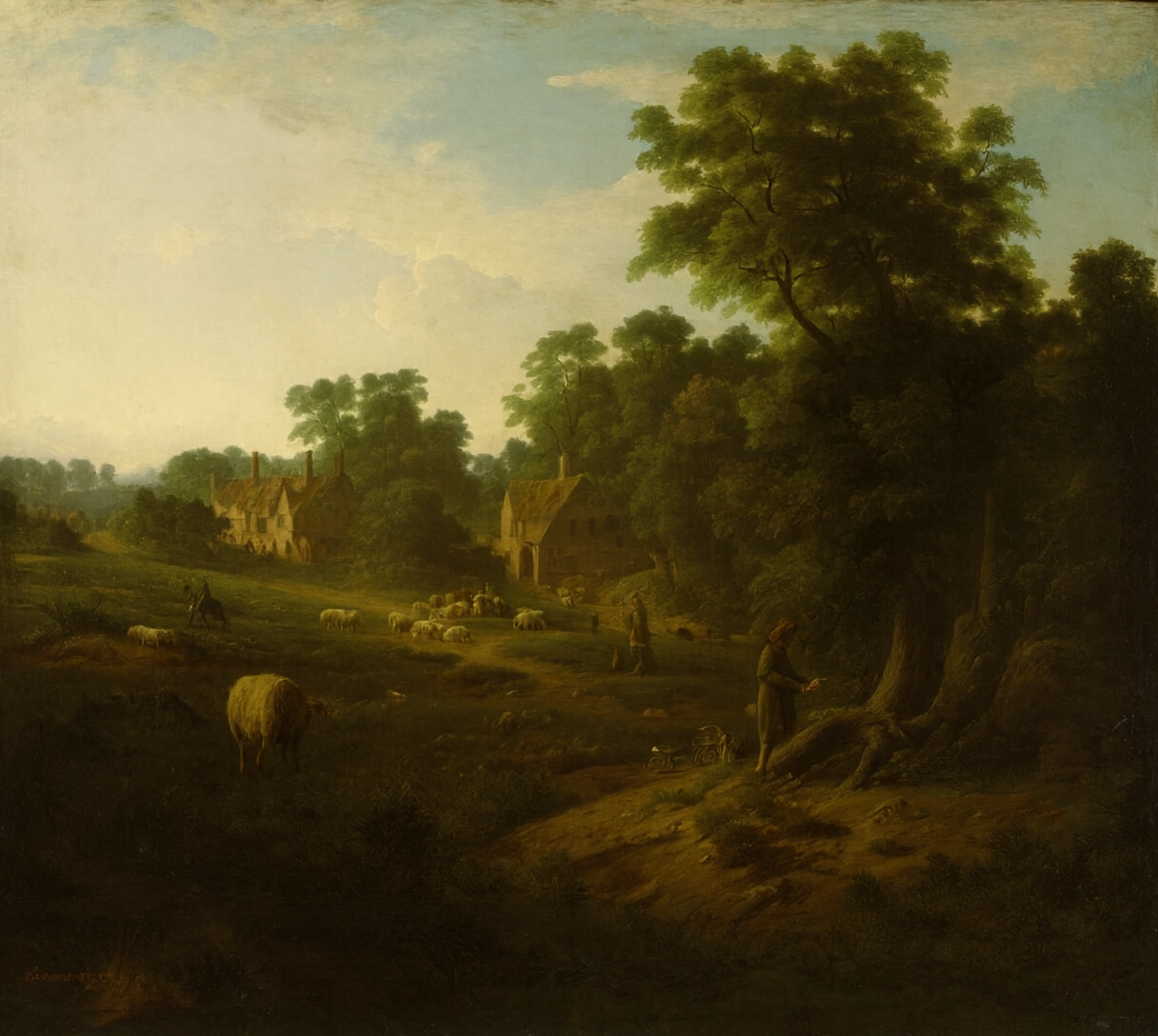 Landscape oil painting with sheep and a mill
