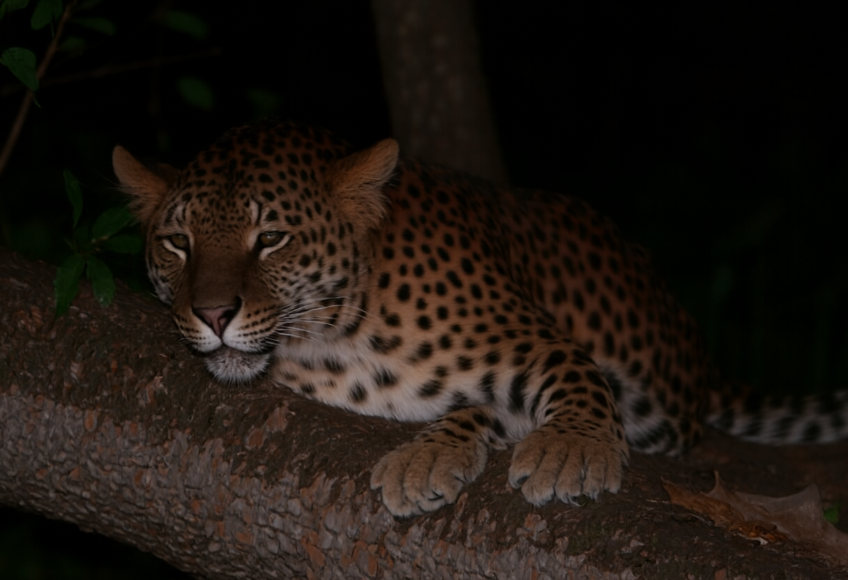 Leopard in a tree at night