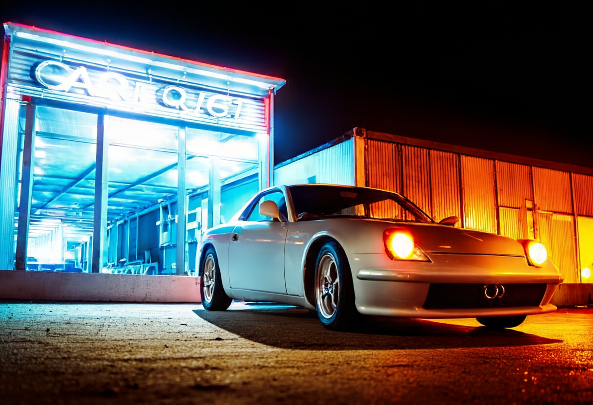 Nissan 300ZX outside a warehouse at night