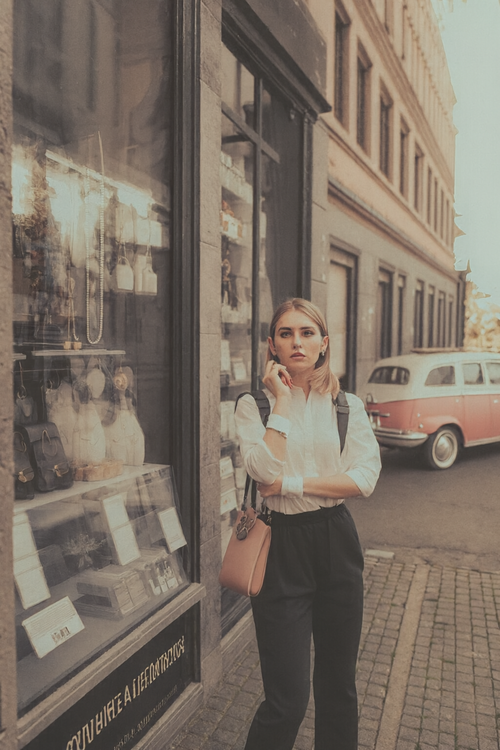 Woman beside a storefront window