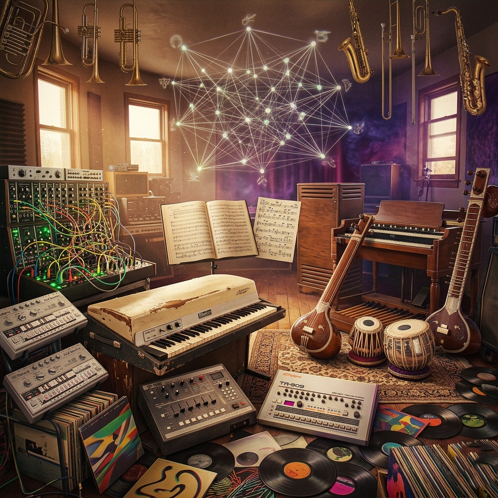 Suno AI Music Dataset cover — analog producer studio with modular synths, Rhodes, sitar, tabla, TR-909, big-band brass and a floating genre taxonomy graph