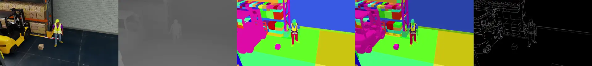 Warehouse box pickup — full 15-second run, walk plus contact-rich pickup plus carry, shown across all 5 modalities (left to right: RGB, depth, instance segmentation, shaded segmentation, canny edges).