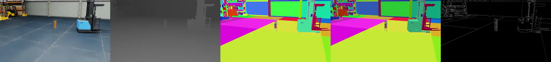 Forklift–shelf collision — full 15-second run, drive into the shelf and ensuing debris, shown across all 5 modalities (left to right: RGB, depth, instance segmentation, shaded segmentation, canny edges).