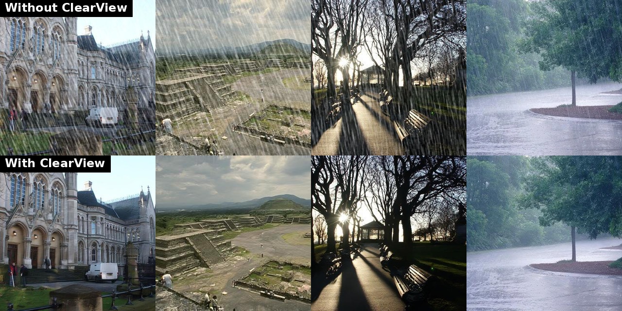 ClearView demo showcase: rainy input vs. derained output across four scenes (NAFNet Small)