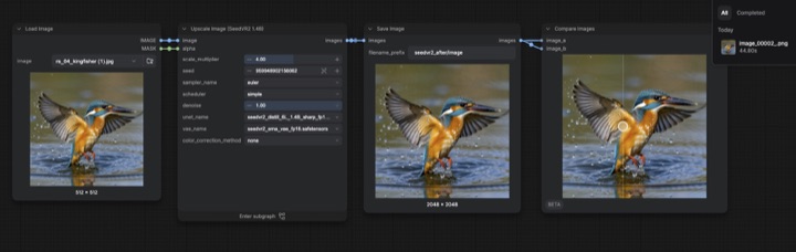 the finished ComfyUI workflow — load image, upscale, save, compare