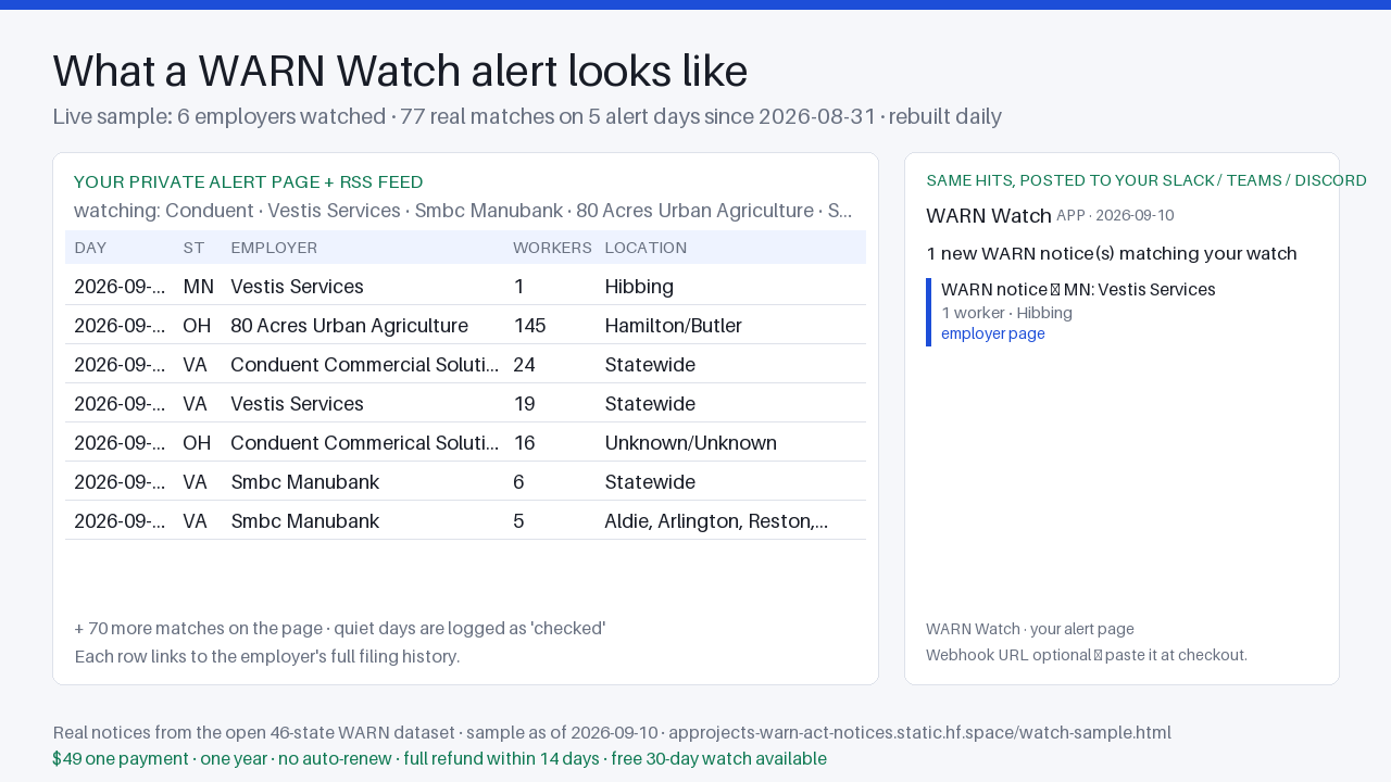 A real WARN Watch alert page: matched notices for a watched employer list, rebuilt daily